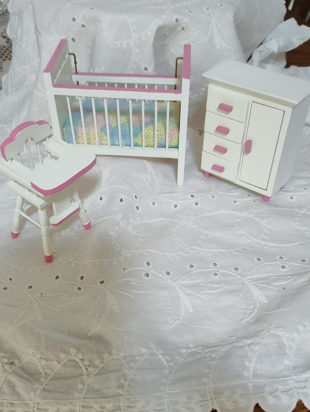 White & Pink Doll Nursery Furniture Set - Kids Toys Dolls & Accessories